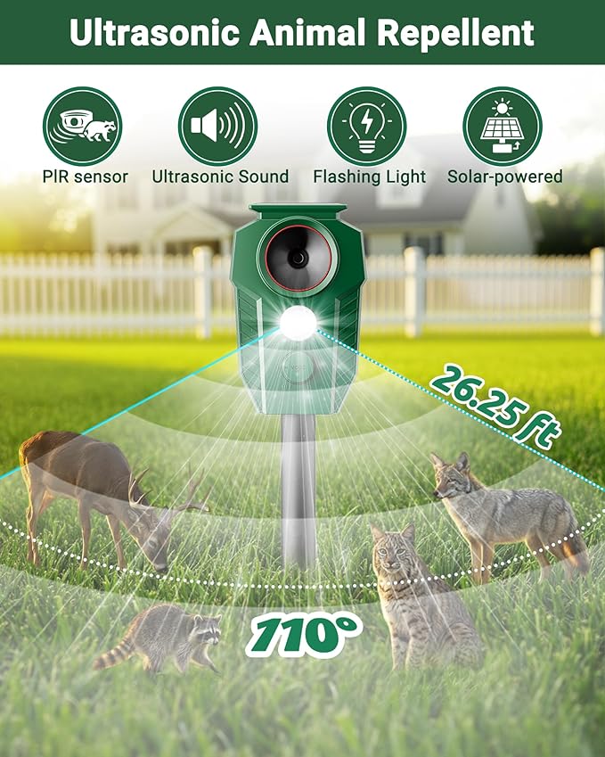 Solar Ultrasonic Animal Repellent Outdoor - Deer Repellent Devices with Motion Sensor &amp Flashing Lights Waterproof Deterrent for Yard Garden to Repel Cats Squirrels Raccoons
