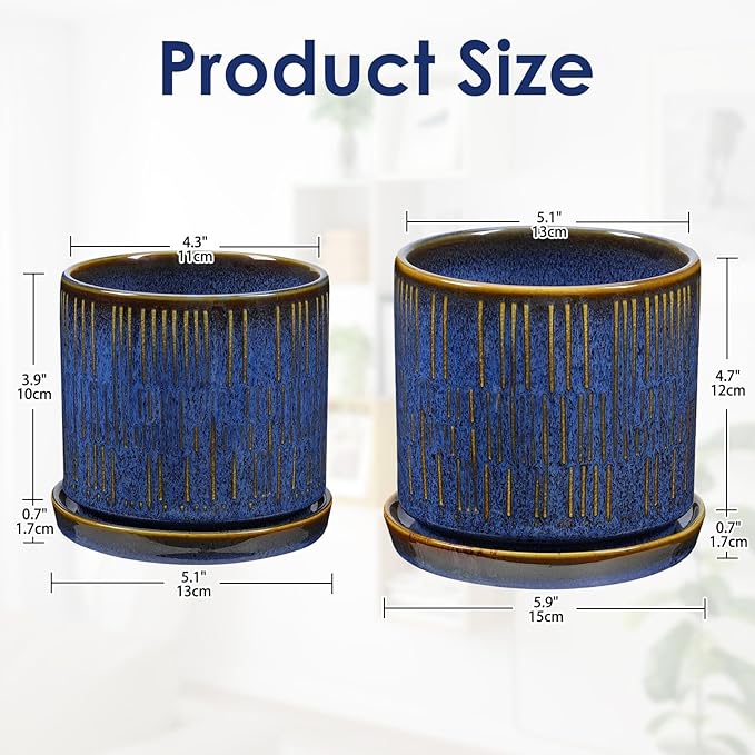 Ceramic Plant Pots with Drainage Holes Set of 2 4.3+5.1 Inch Stripe Garden Planter Pots for Outdoor Indoor Plants Flower Round Succulent Orchid Flower Pot Blue