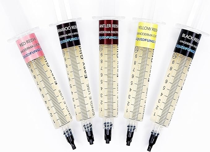 Liquid Culture Syringe 5 Pack - Reishi Mycology Starter Pack - Grow medicinal reishi mushrooms on agar grain or standard master mix hardwood blocks