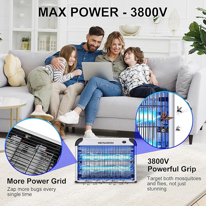 Upgraded 3800V Mosquito Zapper High-Voltage Electric Bug Zapper Indoor Mosquito Killer Lamp Fly Moth Gnat Traps W/ 2 Replacement Bulbs