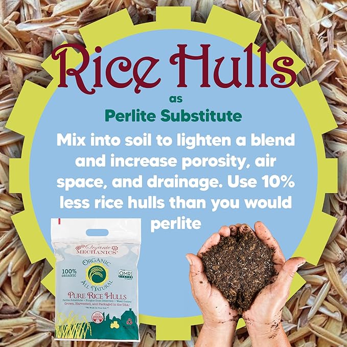 Organic Mechanics Pure Rice Hulls 8 qt (Pack of 2) - Sustainable Alternative to Perlite - Enhances Drainage Porosity and Air Space - Eco-Friendly