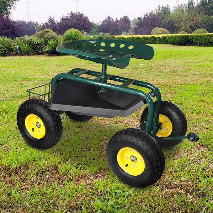Garden Cart with Seat Rolling Garden Seat with steerable Front Wheels Tool Tray and Storage Basket NO Handle Garden Patio Wagon Scooter for Planting Indigo