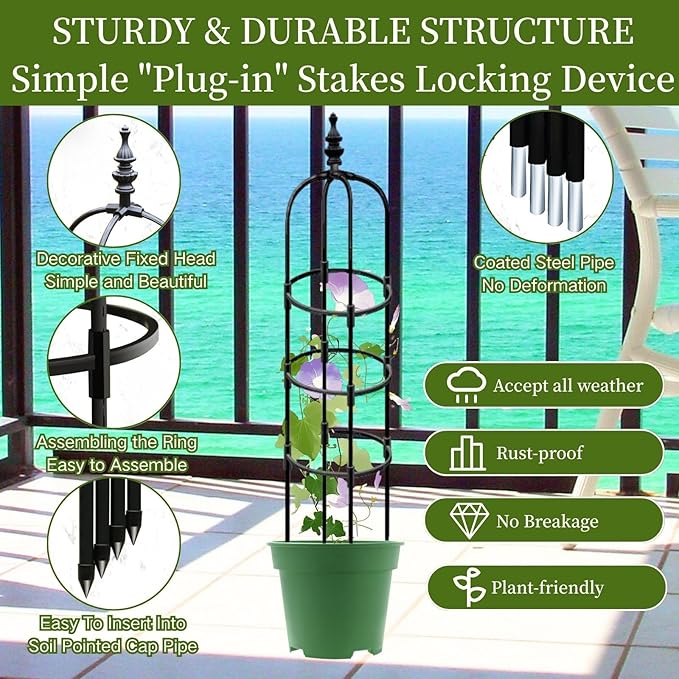 2 3 4 5 6ft Tall Garden Trellis for Climbing Plants Metal Obelisk Tower Support Outdoor Indoor for Sweet Pea Frame Rose Trellis Potted Plants Clematis Vegetables Pea Tomato Fruits(Black28 x 90cm/0.9