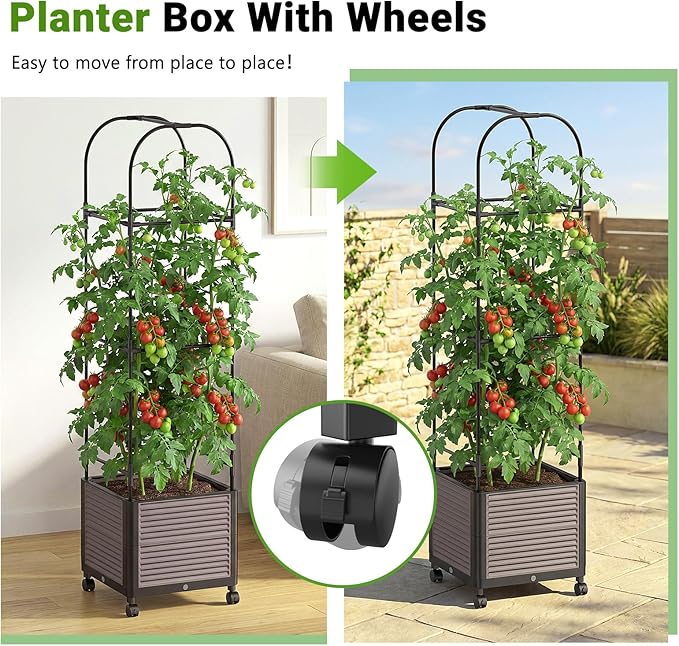 DoCred 60 H Raised Garden Bed Planter Box with Wheels 2 Pack Tomato Cage Planter Raised Garden Bed with Trellis for Climbing Vegetables Plants Tomato Cage Indoor Outdoor Use