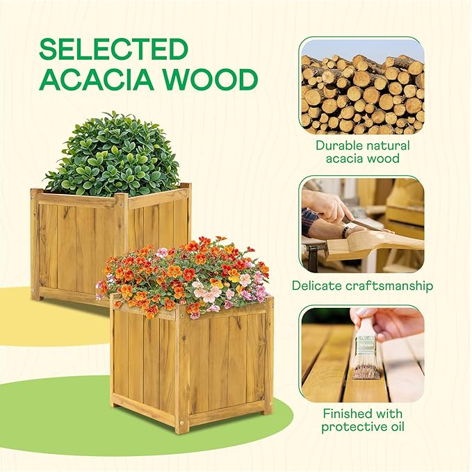 Idzo Set of 2 Acacia Wood Flower Planters for Outdoor Plants Ergonomic Handles Drainage Holes Various Sizes Ideal for Home Décor Golden Teak