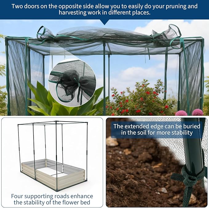 Raised Garden Bed with Plant Netting Cover 8 x 4 x 1 ft Garden Bed Cover with Zippered Door Shade Canopy &amp Frame Easy to Install for Vegetables Fruits