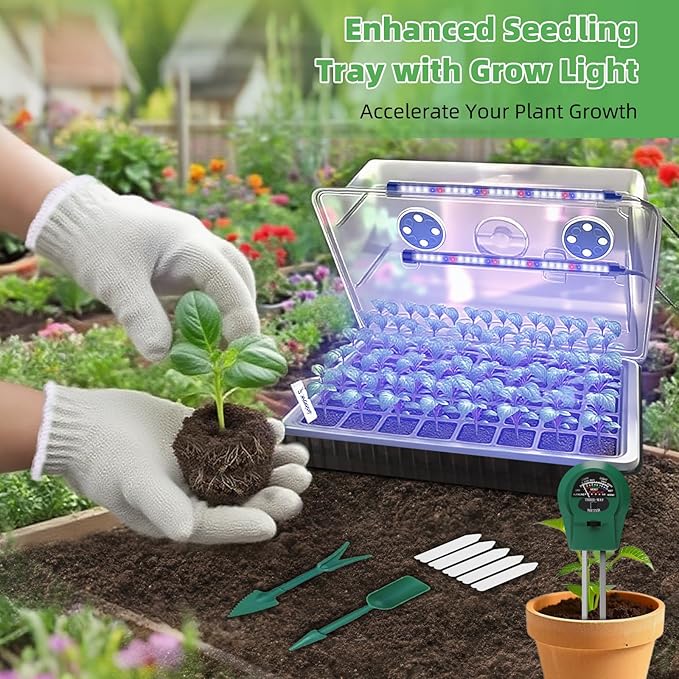 Seed Starter Tray with Grow Light 2 Pack 120 Cells Seedling Tray Kit with 3-in-1 Soil Moisture Meter Indoor Seedling Starter Tray for Plant Germination Seeds Growing