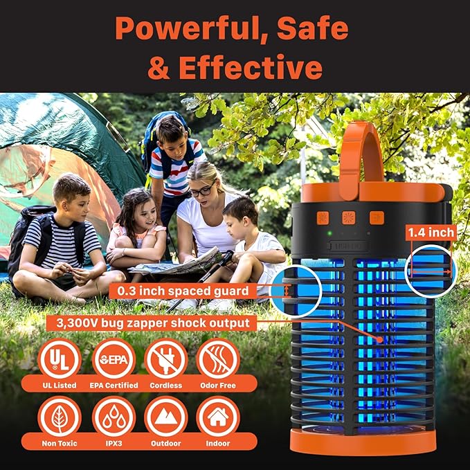 FosPower Bug Zapper Outdoor &amp Indoor (5-in-1) 3300V Mosquito Zapper with 29600mWh Power Bank Rechargeable USB/Solar Charging Flashlight Reading Light SOS Signal for Patio Camping Essentials
