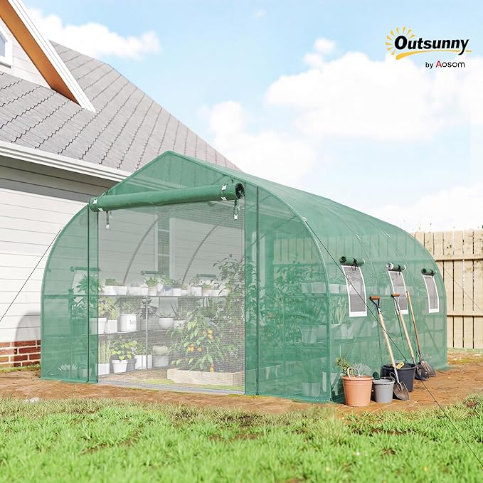Outsunny 10'x11'x6' Walk-in Tunnel Greenhouse with Shelves Mesh Door and Windows Plant Hot House with PE Cover Outdoor Green House for Patio Lawn Garden Green