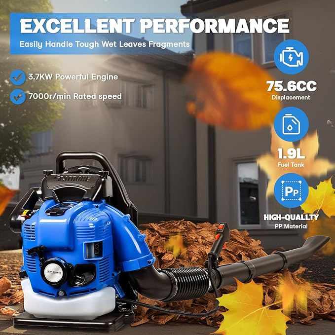 75.6CC 4-Stroke Backpack Leaf Blower Gas Powered &amp Snow Blower 750CFM 205MPH Gas Blowers with Ergonomic Design for Lawn Care Debris Clearing &amp Snow Removal (Blue) Blue