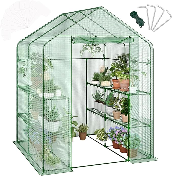 57x57x77 Inch Greenhouse for OutdoorPortable Walk in Greenhouses with Thicken PE CoverDurable Green House Kit with Window Vent 3 Tier 12 Shelves for Indoor Backyard Outside
