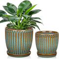 Oairse Ceramic Pots for Indoor Plants 4.9 + 5.7 Inch Set of 2 Bluish Grey With Drainage Holes and Saucers Texture Planters for Succulent Indoor Outdoor Flower