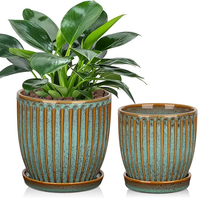 Oairse Ceramic Pots for Indoor Plants 4.9 + 5.7 Inch Set of 2 Bluish Grey With Drainage Holes and Saucers Texture Planters for Succulent Indoor Outdoor Flower