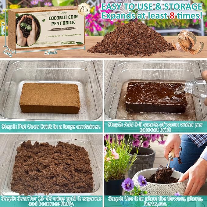 Legigo 10 Pack Premium Coco Coir Brick for Plants- 100% Organic Compressed Coconut Coir Bricks Starting Mix Coco Coir Fiber Coconut Husk for Planting Gardening Potting Soil Substrate Herbs