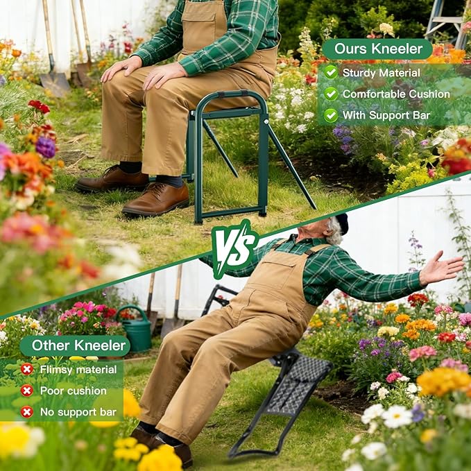 Heavy Duty Garden Kneeler &amp Seat with Support Legs 400lbs Capacity Foldable Gardening Stool Extra Thick Pad &amp Large Tool Organizer Bag Ergonomic for Seniors - Dark Green
