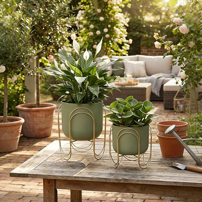 JHY DESIGN Set of 2 Planters with Stand Indoor Outdoor Metal Plant Stand 11.5/8 H Modern Planters Flower Pots for Living Room Corner Kitchen Office Garden Balcony Patio Decor(Green)