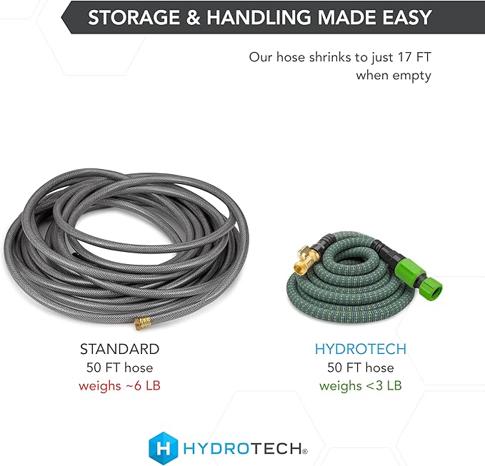 HydroTech 50 ft Expandable Garden Hose - Burst Proof &amp Lightweight Flexible Water Hose with Durable Reinforced Latex Core &amp Solid Brass Fittings for Lawn Garden Car Washing