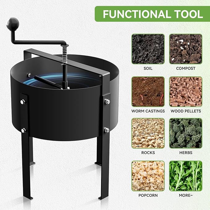 YUEWO Rotary Soil Sifter Compost Sieve Garden Potting Sifting Mesh Rock Sand Dirt Sieve 13 Sifting Filter with 1/5 Inch Mesh Sifting and a Pair of Gloves