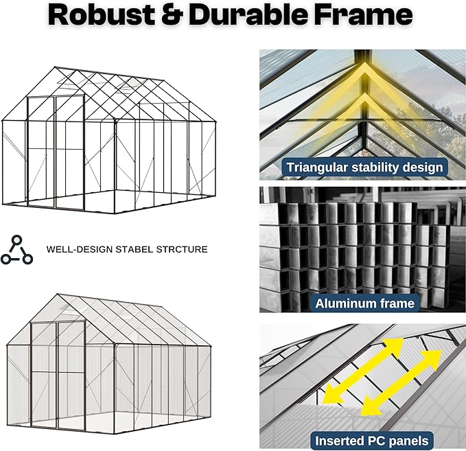 Kingdura 10x10ft Walk-in Greenhouse for Outdoors Large Polycarbonate Greenhouses with Heavy Duty Aluminum Frame Adjustable Roof Vent Lockable Door UV Protection for Outside Garden Backyard
