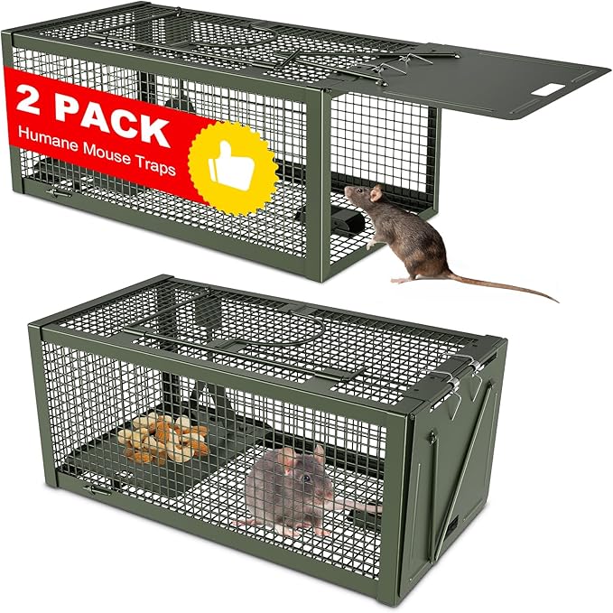 2 PCS Humane Mouse Rat Traps Mice Chipmunk Squirrel Traps and Other Live Animal Cage Catch and Release for Indoor and Outdoor-Green