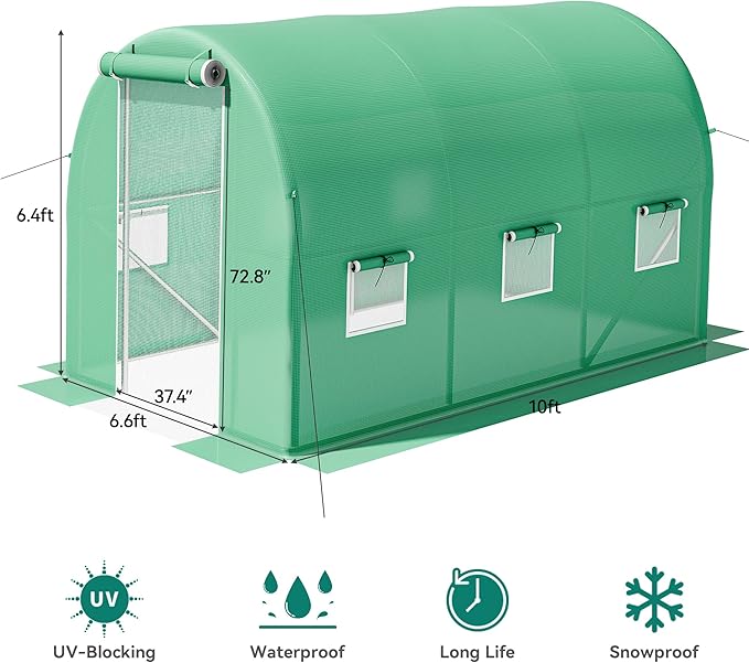 YITAHOME 10x6.5x6.5ft Greenhouses Large Walk-in Green House Heavy Duty Tunnel Green Houses Outdoor Portable Plant Gardening Upgraded Galvanized Steel Frame Zipper Doors 5 Crossbars Garden