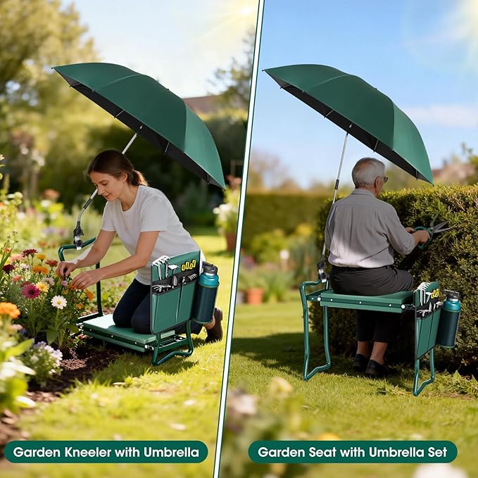 2-in-1 Garden Kneeler with Umbrella Garden Kneeling Bench &amp Green Umbrella Portable Garden Stool Loads Capacity 330lb and Garden Tools Bag with bottle holder Gardening Gifts for WomenMenSenio