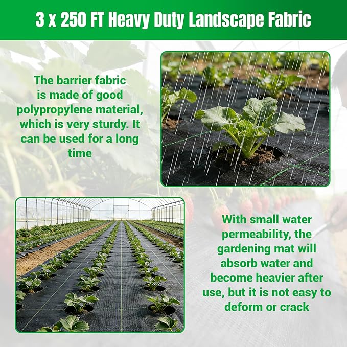Weed Barrier Fabric Planting Cover - 3 x 250 FT Heavy Duty Landscape Fabric Ground Cover Block for Outdoor Planting