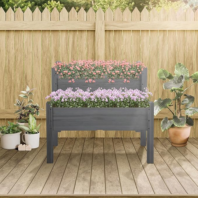34x34x28 Raised Garden Bed 2 Tier Elevated Wood Planter Box for Backyard Patio to Grow Vegetables Herbs and Flowers Gray