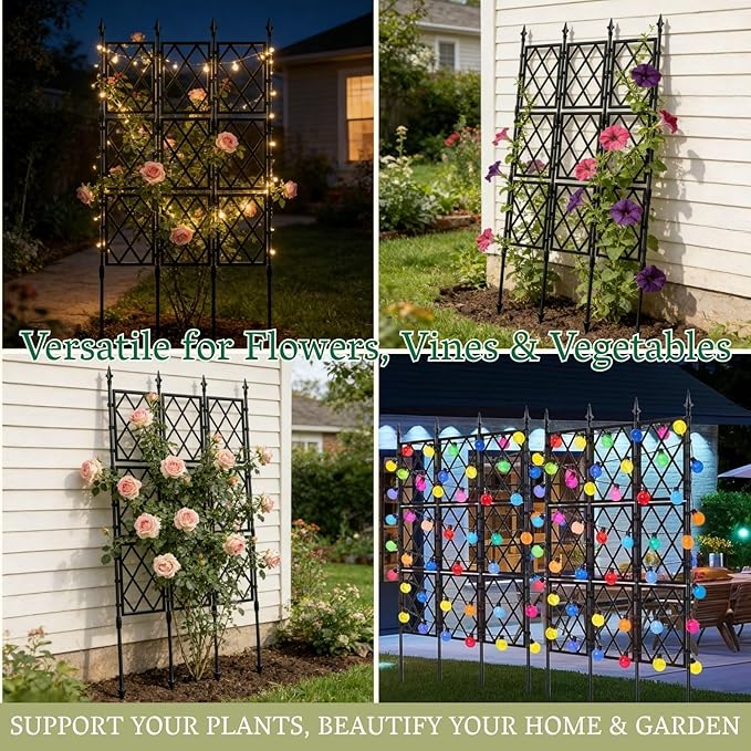 Garden Trellis Frame for Climbing Plants Outdoor | 65 Inch PE-Coated Metal Pipes &amp Plastic Grids Rose Wall Trellis | Rustproof Privacy Screen Plant Support Frame for Flowers Vines Vegetables Indoo