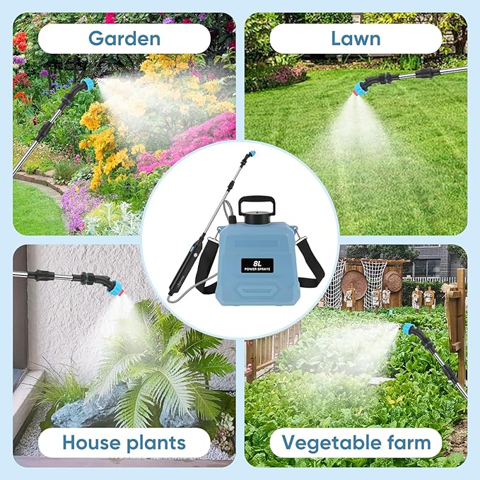 BlumWay Battery Powered Sprayer 2 GallonPowerful Electric Sprayer with 3 Mist Nozzles Retractable Wand Garden Water Spray with Adjustable Shoulder Strap for LawnGardening