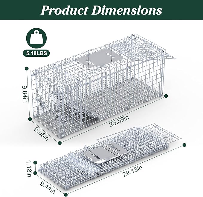 25'' Live Animal Trap Heavy Duty Humane Live Cage for Stray Cats Raccoons Squirrel Skunk Mole Groundhog Armadillo Rabbit Raccoon Trap Catch and Release