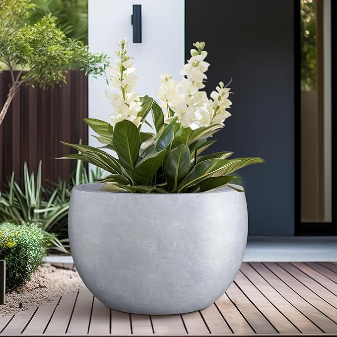 Kante 19.9 Dia Lightweight Concrete Outdoor Round Bowl Planter Outdoor/Indoor Large Planters Pots with Drainage Hole for Garden Patio Balcony Deck Living Room Slate Gray