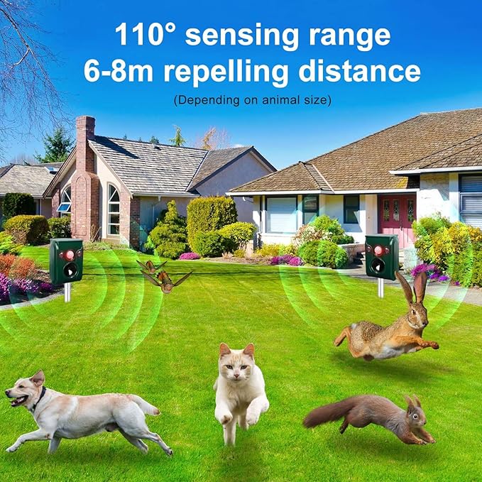 2 Pack Solar Animal Repellent Ultrasonic pest Repeller Cat Repellent Outdoor Squirrel Repellent Deer RepellentWaterproofSiren and Flash Animal RepellentRepelDog Raccoon SkunkRodent.