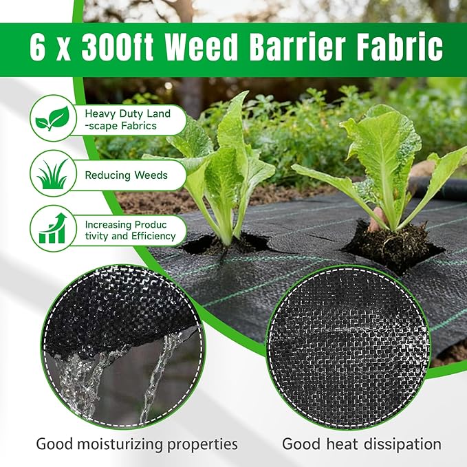 Weed Barrier Fabric Planting Cover - 6 x 300 FT Heavy Duty Landscape Fabric Ground Cover Block for Outdoor Planting