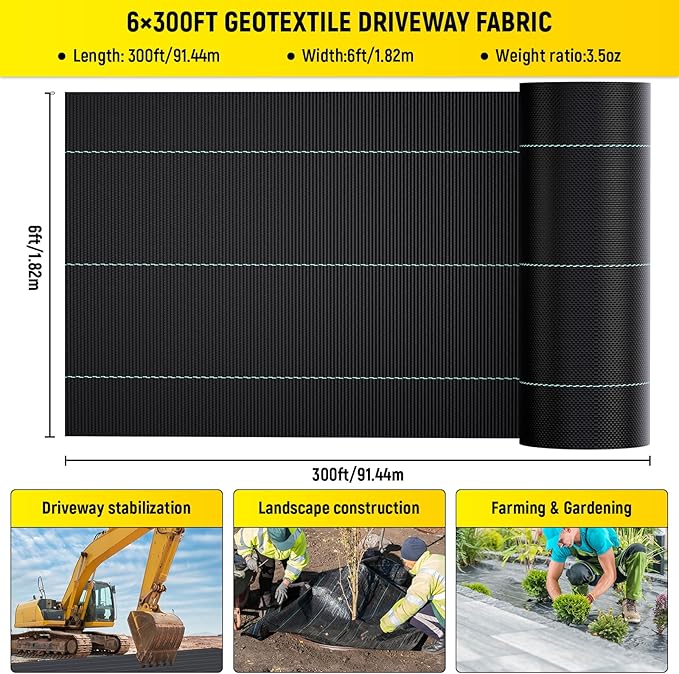 Doniks 6x300ft Driveway Fabric3.5OZ Commercial Heavy Duty Weed Barrier Fabric Garden Landscape FabricFrench Drain Fabric for Erosion ControlLandscape FabricWeed BarrierConstruction Projects
