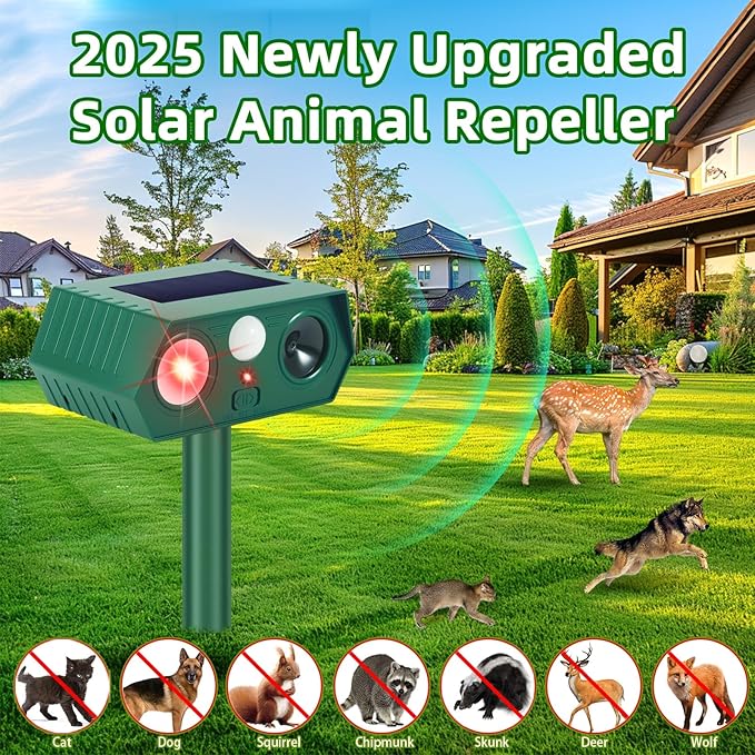 4Pack Solar Ultrasonic Animal Repellent Outdoor Cat Repeller Outdoor Deer Repellent Devices Motion Detection with Motion Sensor for Yard Predator Lights with Red&ampBlue to Scare Rabbit Raccoon