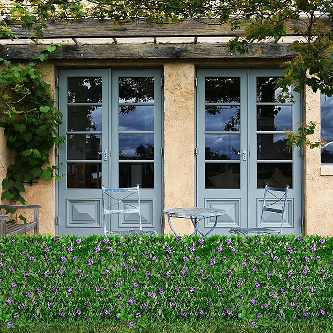 Expanding Garden Trellis Panel Artificial Hedge Wall Panels Garden Privacy Screen with Ivy and Violet Flower Adjustable Fake Leaf Wall Greenery Hedge Plant for Gardens Backyard Balcony