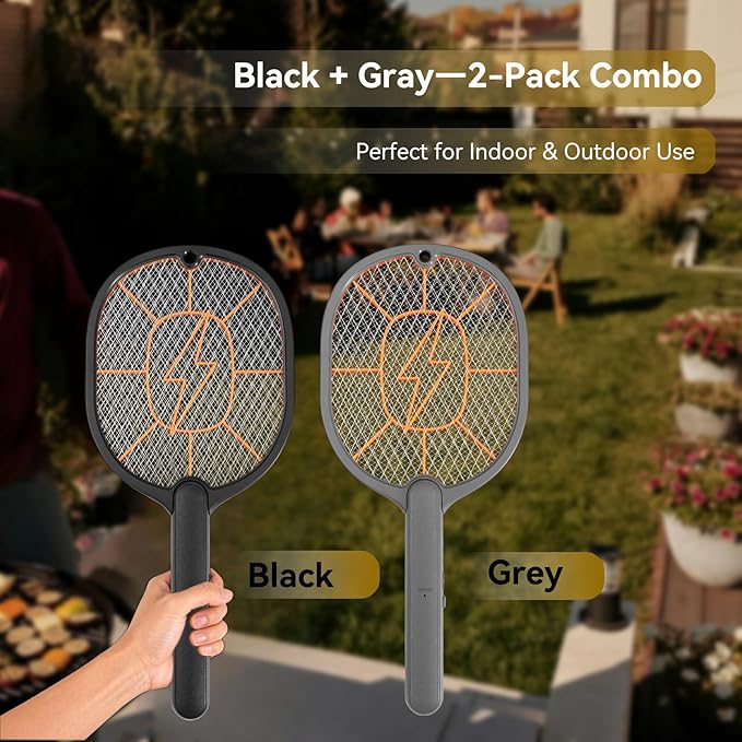 2-Pack Electric Fly Swatter – Battery Powered Mosquito &amp Bug Zapper Racket with Safe Mesh &amp Wall-Mount Design for Indoor and Outdoor Use (Black &amp Gray)