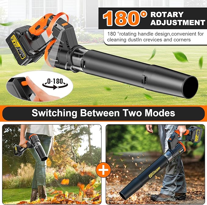 Electric Leaf Blower Cordless -850CFM 250+MPH 3000W Brushless Leaf Blower with 2×6.0Ah Batteries 180° Rotatable 2-in-1 Handheld Blower 3-Speed for Lawn Care/Yard/Car/Patio