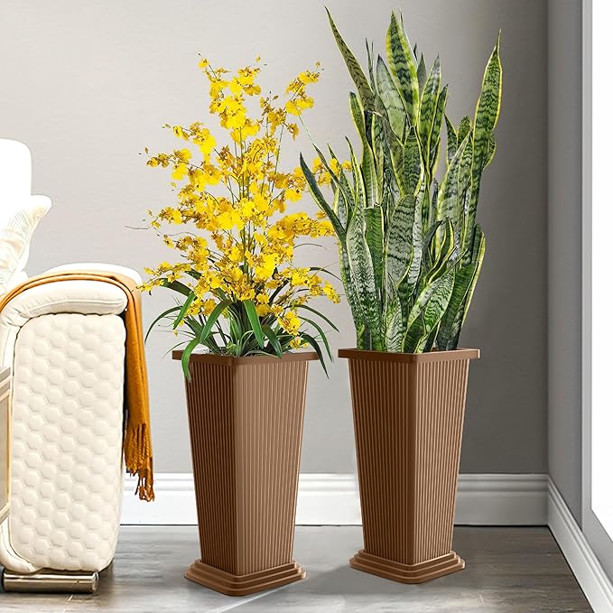 Set of 2 Tall Planters 24 Large Indoor Outdoor Flower Pots with Tray Modern Tapered Planters for Porch Patio Garden Backyard
