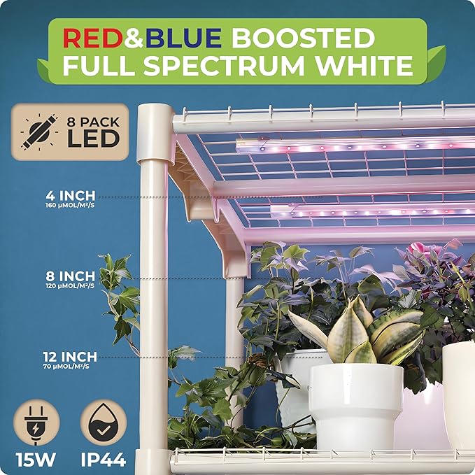 Carpathen Indoor Greenhouse with Grow Lights - 4 Tiers 27.2L x 19.3W x 54H with 8 Dimmable 15W Full Spectrum LED Light Strips and Spectrum Control - Mini Greenhouse with Waterproof Zipped PVC Cover