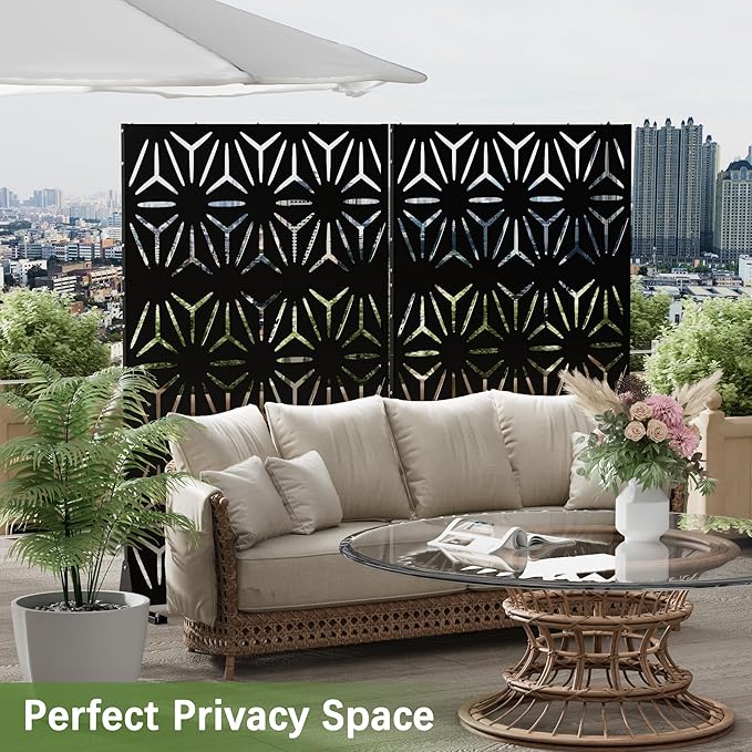 Cofar Metal Privacy Screen Outdoor 72 H×44 W -Black Freestanding Outdoor Privacy Panels with Stand Decorative Fence for Patio Deck Balcony（Floral）