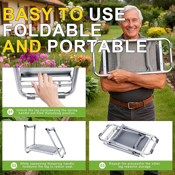 Garden Kneeler and Seat Wider Thicker Kneeling Pad Heavy Duty Garden Stool Includes Gardening Tools Pouch and Bag Convertible Garden Bench Kneeling Chair/Gifts for Parents Women Seniors