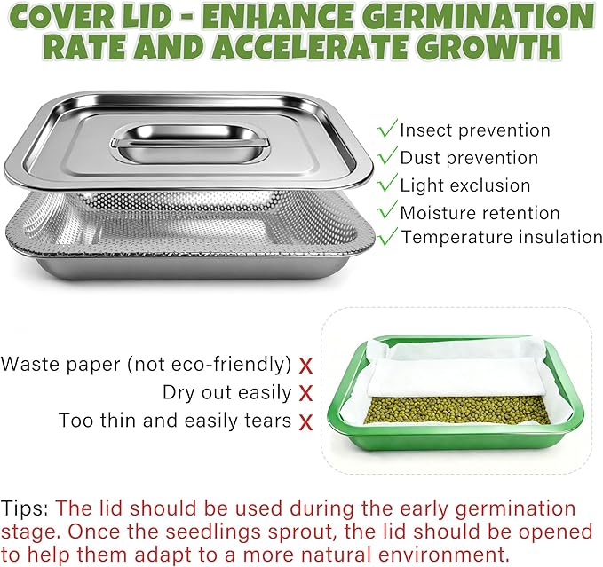 2 Pack Stainless Steel Seed Sprouter Trays 2-Tier Soil-Free Microgreens Growing Kit Sprouting Tray with Cover Lids &amp Mesh Pads for Sprouts Beans Alfalfa Wheatgrass