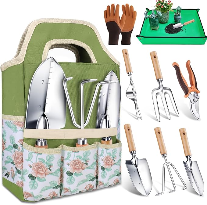 Kynup Gardening Tools Garden Tools Set-9 Piece Gardening Gift for Women Gardening Kit Ideal Hand Gardening Spades Thickened Stainless Steel Rust-Proof Garden Supplies Essentials Garden Stuff