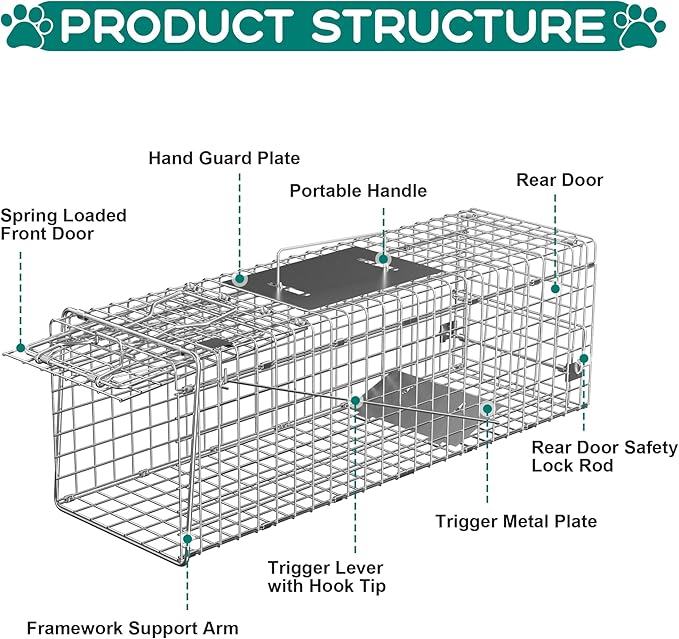 Nouva 24 Live Animal Cage Trap - Steel Large Folding Humane Cat Trap Raccoon Trap w/Handles for Rabbits Stray Cats Squirrels Skunk Groundhogs and Opossums
