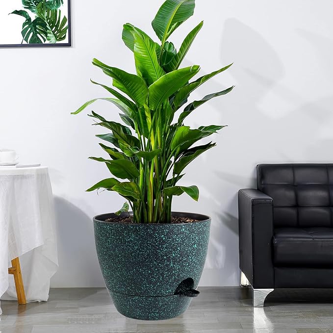 12 inch Large Self Watering Pots Plastic Planters with 60oZ Removable Deep Reservoir and Multi Mesh Drainage Holes for Indoor Outdoor Garden Plants and Flowers Black with Green Speckles