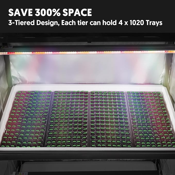 Indoor Greenhouse with Full Spectrum LED Grow Light and Tent Indoor Gardening System with Watertight Plant Shelf Trays 3-Tier Metal Plant Stand with Wheels Microgreens Growing Kit