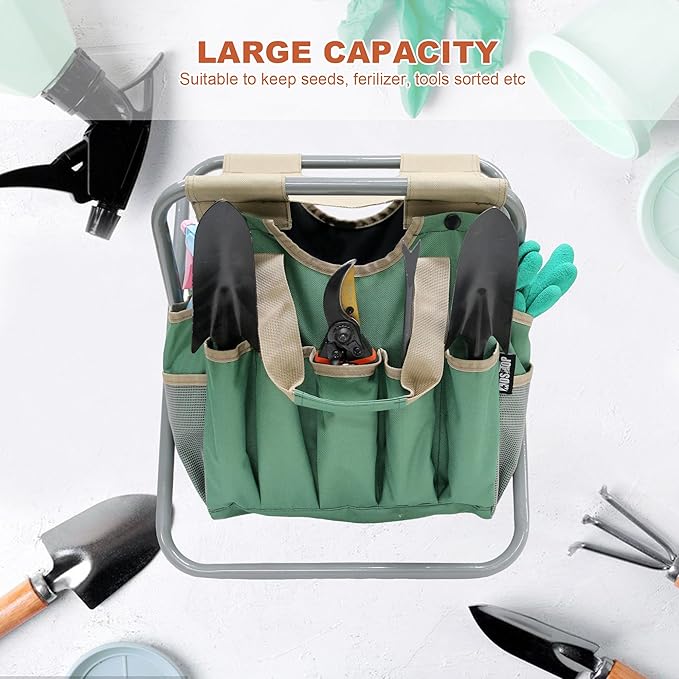 MDSTOP Folding Gardening Stool with Detachable Storage Tote Bag Gardening Tools Set Organizer for Fishing Outdoor Sports Hiking Camping Garden Gardening Gifts for Mom/Dad and Gardeners (Polyester)