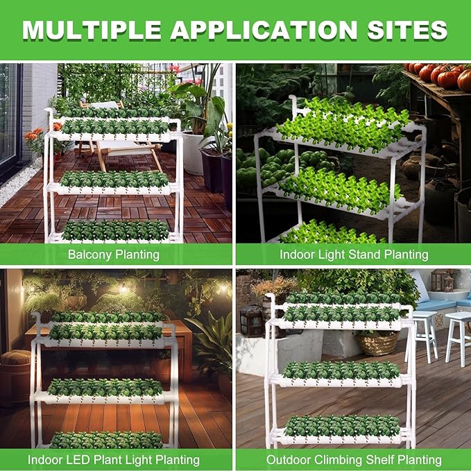 Upgraded Hydroponics Growing System Kit 90 Plant Sites 3 Layer 10 Food-Grade PVC-U Pipes with Water Pump Timer Nest Basket and Sponge Hydroponic Planting System for Leafy Vegetables